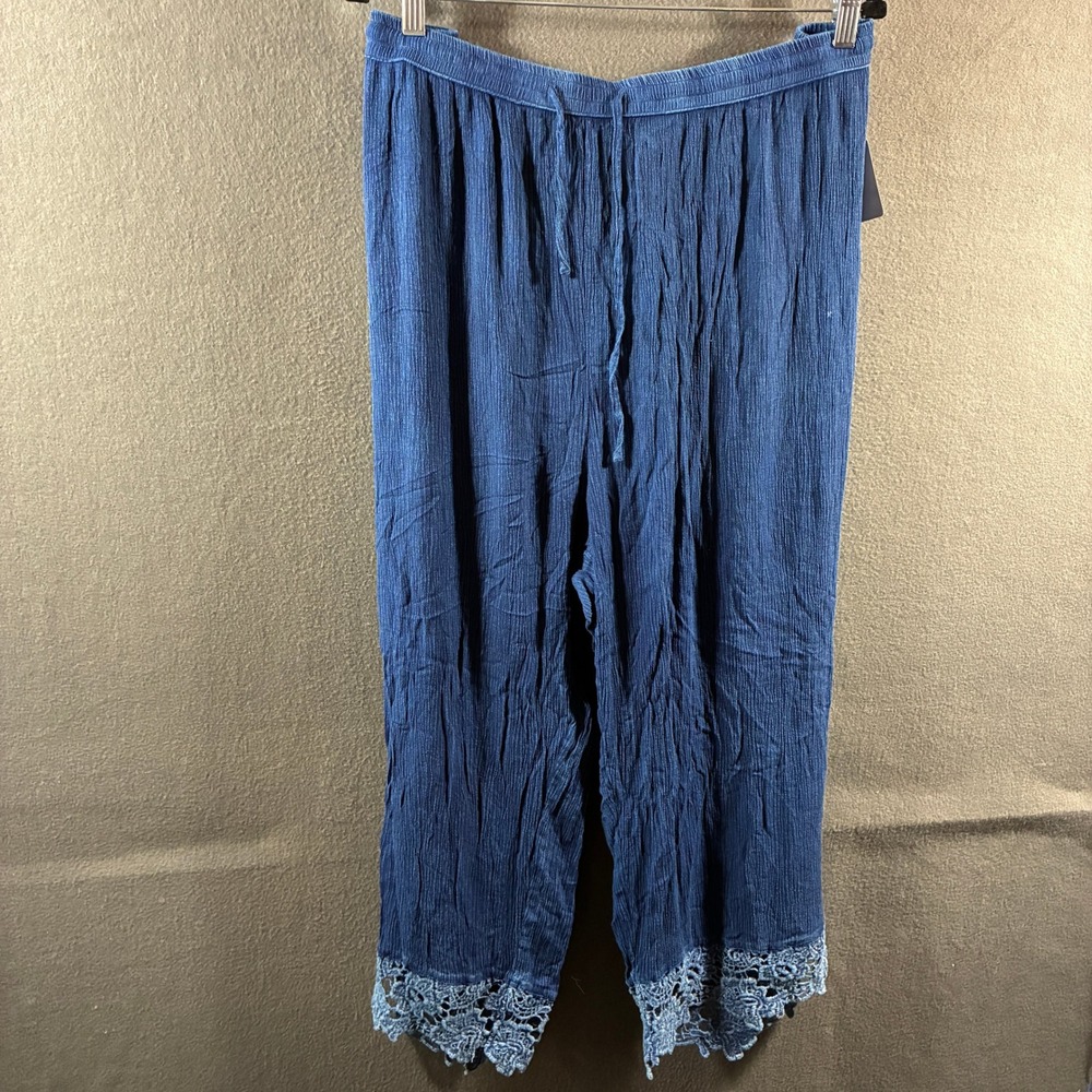 NWT women wide leg pull on pants 3x lace blue embroidered Gauze Cropped coastal